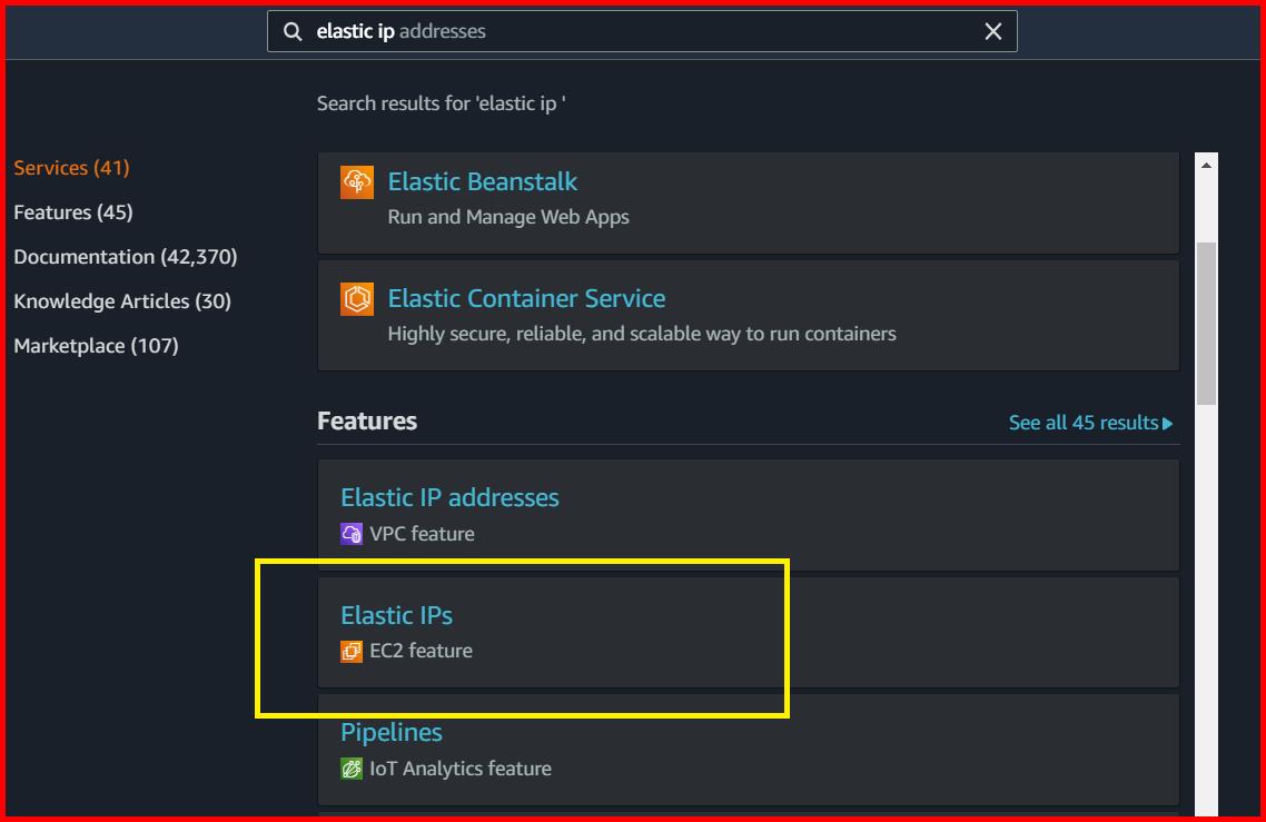 Picture showing searching the elastic IPs in the search box